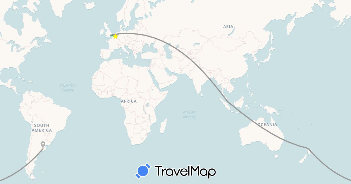 TravelMap itinerary: driving, bus, plane in Argentina, Belgium, United Kingdom, New Zealand, Singapore (Asia, Europe, Oceania, South America)